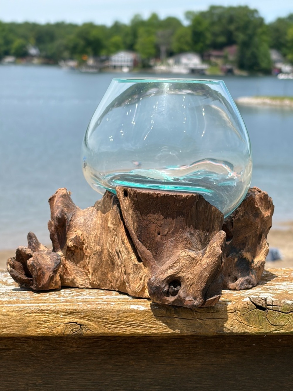 Vtg Organic Modern Burl Wood & Hand Blown Glass Terrarium Bowl MCM Studio Decor - Picture 3 of 7